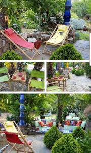 a collage of four pictures of chairs and a hammock at Home & Gardens 2-Bed Villa in Sevasti Katerini in Katerini