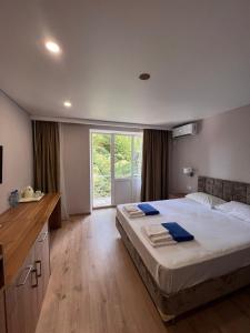 a bedroom with a large bed and a large window at Hotel Cheluskintsev in Gagra