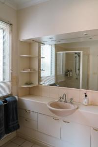 a bathroom with a sink and a large mirror at Anglesea Rivergums in Anglesea