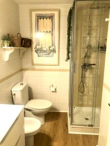 La salle de bains est pourvue de toilettes et d'une douche en verre. dans l'établissement Habitación con Smart tv en piso compartido con baño privado o compartido Malaga Sol, à Malaga