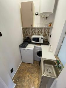 a small kitchen with a sink and a microwave at Bucharest Old Town Smardan Apartment in Bucharest