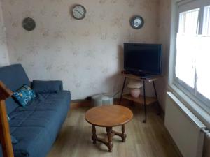 ein Wohnzimmer mit einem blauen Sofa und einem TV in der Unterkunft 618 rue de l argiliere Helfaut 62570 