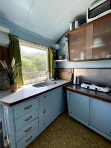 een kleine keuken met een wastafel en een raam bij Fjordhytten. Rebuild train wagon from 1937. in Odense