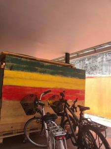 deux vélos garés devant un mur dans l'établissement les hauts de Remire Chambre studio indépendant calme avec piscine, à Rémire-Camp