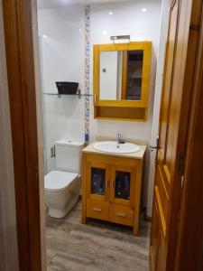 y baño con aseo, lavabo y espejo. en Acogedor apartamento Estacion de esqui San Isidro en San Isidro