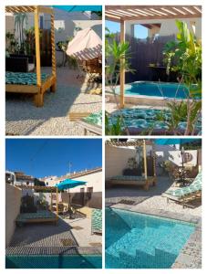 uma colagem de quatro fotos de uma piscina e cadeiras em Casa Fleur Casco Antiguo Altea con Piscina privada y Jardin em Altea
