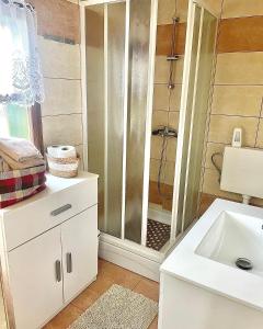 a white bathroom with a shower and a sink at La vita e bella in Maglenča