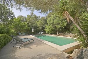 una piscina con una silla junto a un árbol en Es Romegueral, en Artà