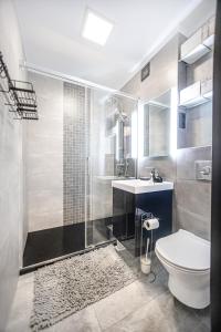 a bathroom with a shower and a toilet and a sink at Charming Apt next to Lazienki Park and City Center in Warsaw