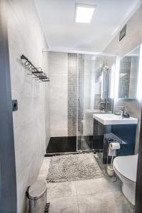 a bathroom with a shower and a toilet and a sink at Charming Apt next to Lazienki Park and City Center in Warsaw