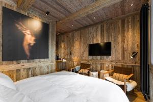 a bedroom with a wooden wall with a bed and a tv at Nový pokoj Hotelu Emerich in Pec pod Sněžkou
