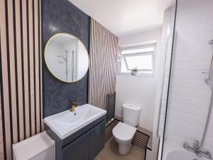 W łazience znajduje się umywalka, toaleta i lustro. w obiekcie Olympic apartment - Stratford w Londynie
