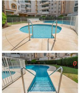 two pictures of a swimming pool in a building at Habitación con Smart tv en piso compartido con baño privado o compartido Malaga Sol in Málaga