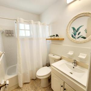 een badkamer met een toilet, een wastafel en een spiegel bij Cozy Apartment Near Brickell in Miami