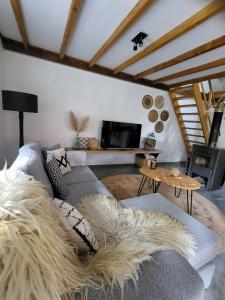 a living room with a couch and a fireplace at Vakantie-Appartement WedderheideHoeve in Wedde