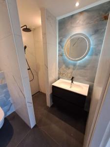 a bathroom with a sink and a mirror on the wall at De Platwever 3B in Zelhem