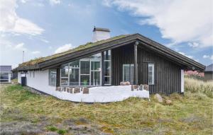 ein kleines Haus auf einem Grasfeld mit einem Gebäude in der Unterkunft 4 Bedroom Beach Front Home In Hvide Sande in Bjerregård