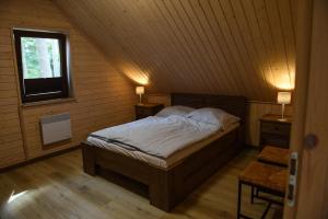 sypialnia z łóżkiem i oknem w kabinie w obiekcie Apartament Pod Świerkami w mieście Małe Swornigacie