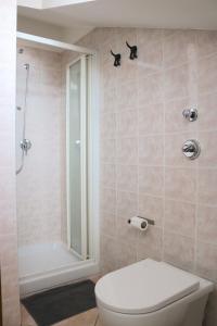 uma casa de banho com um WC branco e um chuveiro em Lovely Apartment near Canal - Via Foscolo em Corsico
