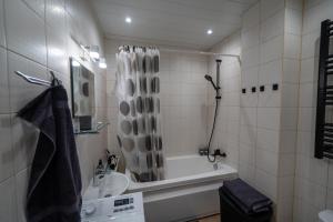 ein Bad mit einer Badewanne, einem Waschbecken und einer Dusche in der Unterkunft Trendy Kentmanni, city center apartment in Tallinn