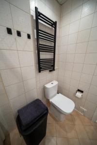 ein kleines Bad mit einem WC und einem Fenster in der Unterkunft Trendy Kentmanni, city center apartment in Tallinn