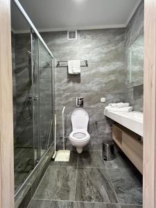 a bathroom with a toilet and a shower and a sink at Apart Astana in Taldykolʼ