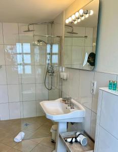 a bathroom with a sink and a shower and a mirror at HEINRICHs winery bed & breakfast in Langenlonsheim