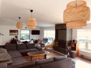 a living room with a couch and a fireplace at The Hygge House in Plopi