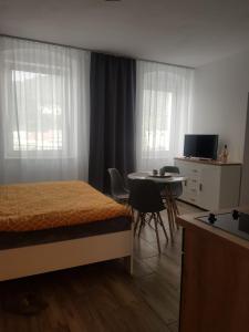 um quarto com uma cama, uma secretária e uma mesa em Apartmán Uršula em Jáchymov
