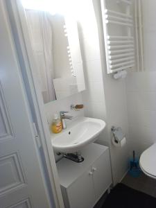 a white bathroom with a sink and a mirror at Charming flat center and near the lake in Geneva