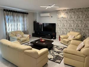 uma sala de estar com dois sofás e uma televisão em Manga Apartments 3+1 em Gjirokastër