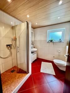 e bagno con doccia, servizi igienici e lavandino. di Ferienwohnung Sattler a Mistelgau