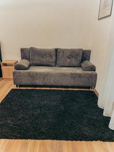 a couch sitting in a living room with a rug at SZONDI Heroes Square in Budapest