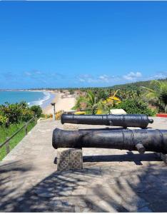 Pousada Terraço Potiguara في شاطئ بيا دا تريسو: مجموعة من المدفع تجلس على الشاطئ