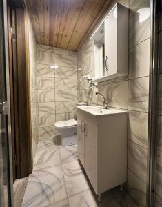 een badkamer met een wastafel en een toilet bij Le Petit Hotel ve Bağ Evi in Bozcaada