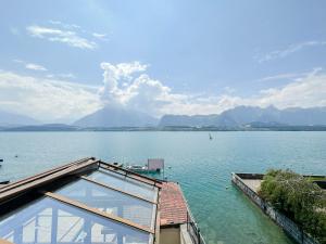 a view of a large body of water with mountains at Dependance Stella del Lago by Hotel Restaurant Bellevue au Lac in Thun