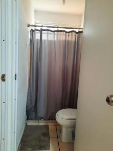 a bathroom with a toilet and a shower curtain at Departamento 2 recamaras 1er pis in Kanasín