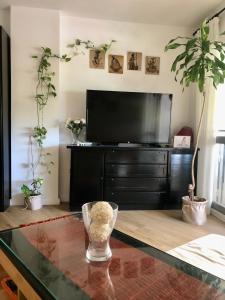 ein Wohnzimmer mit einem TV und einem Glastisch in der Unterkunft Habitación con Smart tv en piso compartido con baño privado o compartido Malaga Sol in Málaga