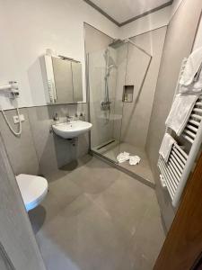 een badkamer met een douche, een toilet en een wastafel bij Lothringer Hof in Saarlouis