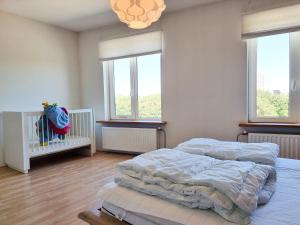 een slaapkamer met 2 bedden en 2 ramen bij Ruim appartement Vlissingen VL23 in Vlissingen