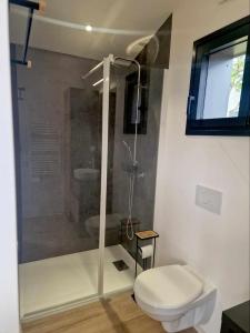 uma casa de banho com um chuveiro e um WC. em Le p’tit tram em Cancale
