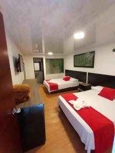 リオネグロにあるFINCA HOTEL SANTO TOMAS REALのベッド2台とテレビが備わるホテルルームです。