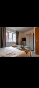 um quarto com uma cama grande e uma janela em Glasshoughton Platinum em Castleford