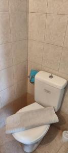 a bathroom with a toilet with a towel on it at Panos & Maria studio! in Kalamata