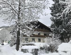 ein schneebedecktes Haus mit einem Baum davor in der Unterkunft Amadee Appartements in Bad Kleinkirchheim