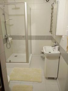 biała łazienka z prysznicem i umywalką w obiekcie Світанкове Сяйво w Jaremczach