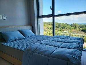 1 cama con almohadas azules en una habitación con ventana en KK Stay Ocean view with Netflix en Donghae