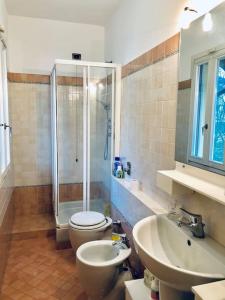 e bagno con doccia, servizi igienici e lavandino. di Teo Country House a San Martino Siccomario