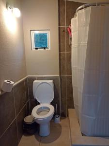 La salle de bains est pourvue de toilettes blanches et d'une fenêtre. dans l'établissement Tiny house Bariloche, à San Carlos de Bariloche