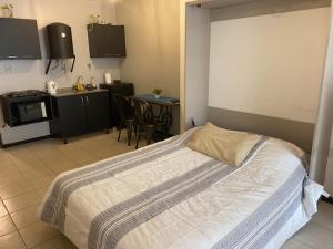 a bedroom with a bed and a kitchen with a table at Mono corrientes in Santa Fe